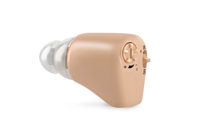 Exact G32 beige in-ear hearing device with transparent dome, volume wheel and ON/OFF switch