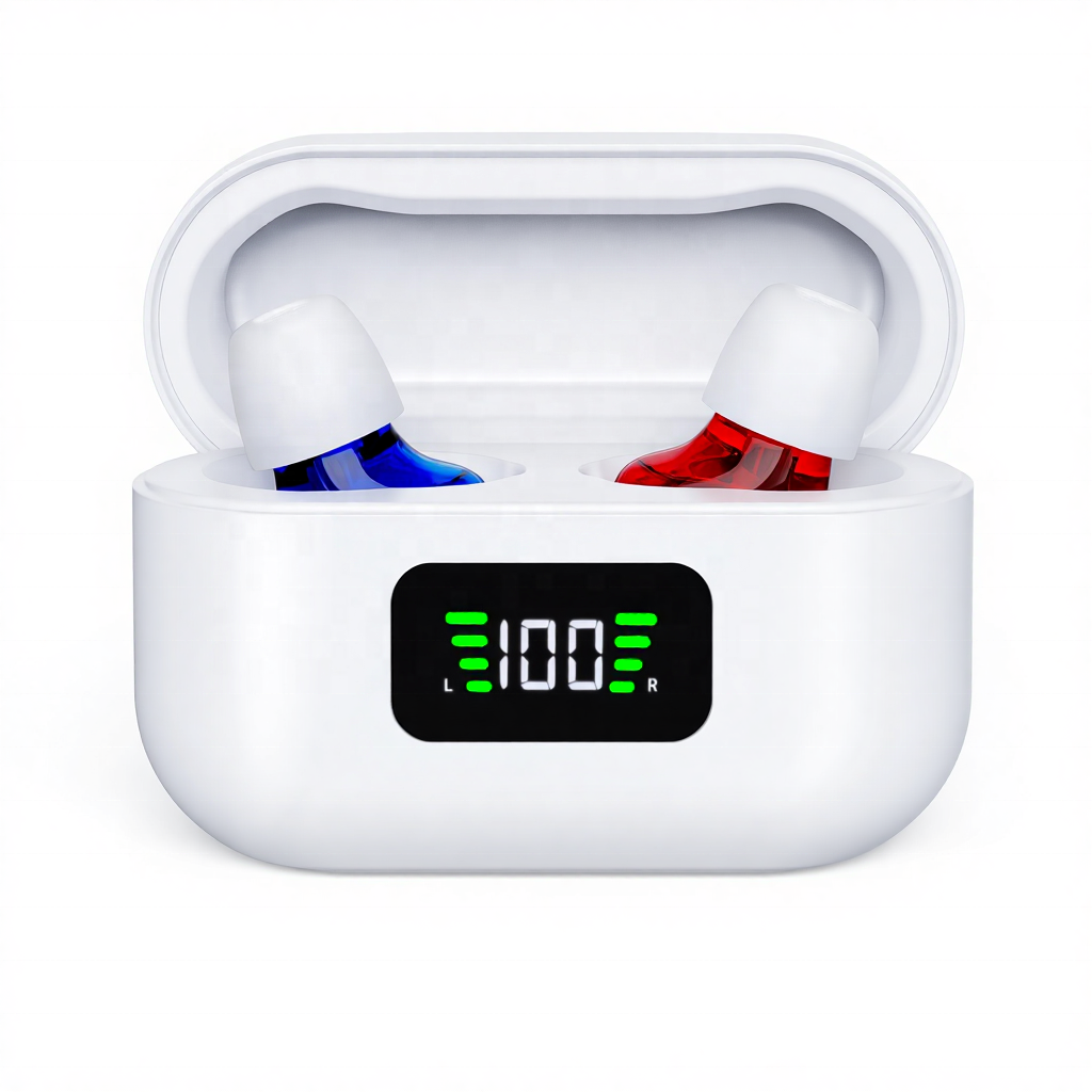 Front view of the exact G93 charging case with blue and red devices docked