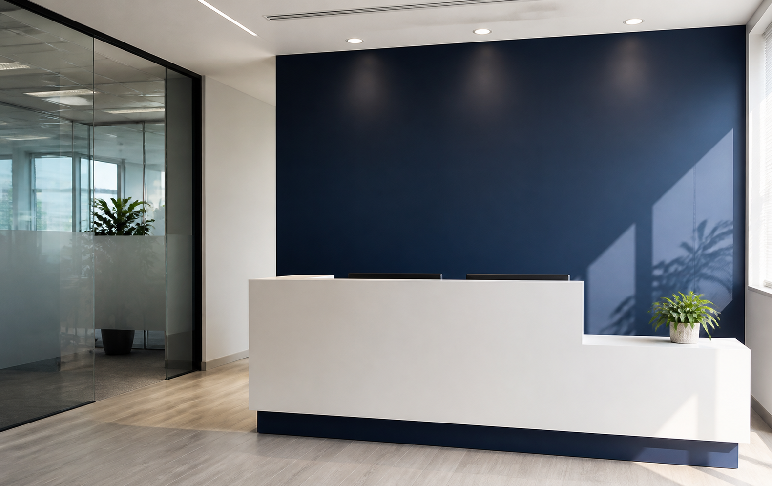 Visualized DAERDO reception concept with a navy feature wall and front desk
