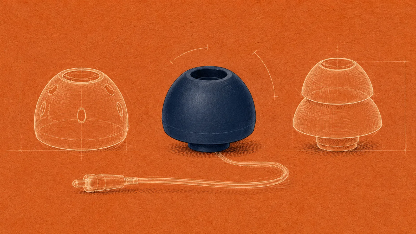 Hand-drawn illustration of three silicone hearing aid domes — open, closed and double-flange — lined up beside a receiver wire