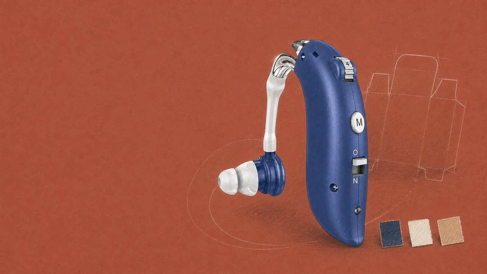 Behind-the-ear hearing aid illustration with colour swatches and a packaging sketch, representing private-label configuration choices