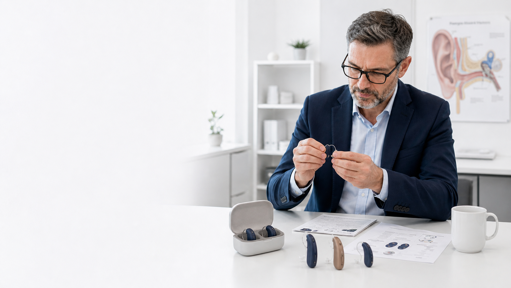 Generic procurement professional comparing hearing-aid samples, charging case and specification sheets