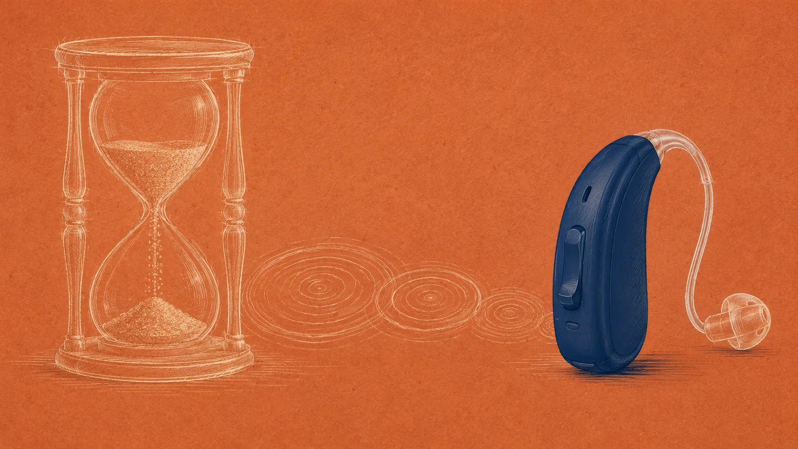 Hand-drawn illustration of a navy behind-the-ear hearing aid beside a large sketched hourglass on terracotta paper