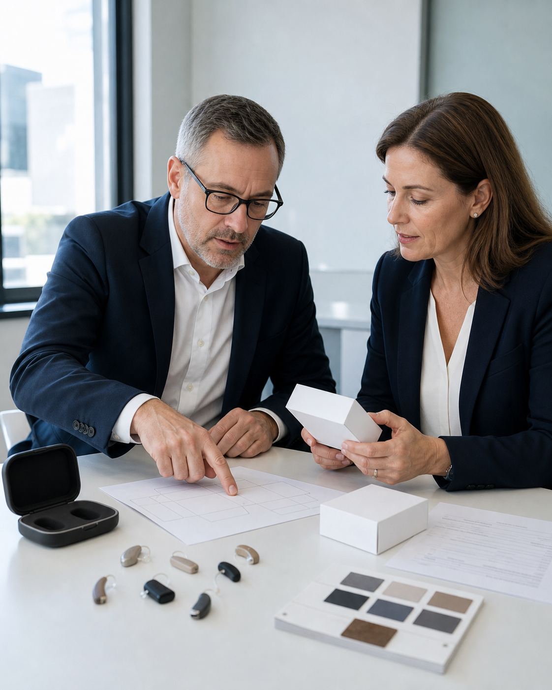 Two professionals reviewing hearing-device platforms, packaging and an OEM project brief