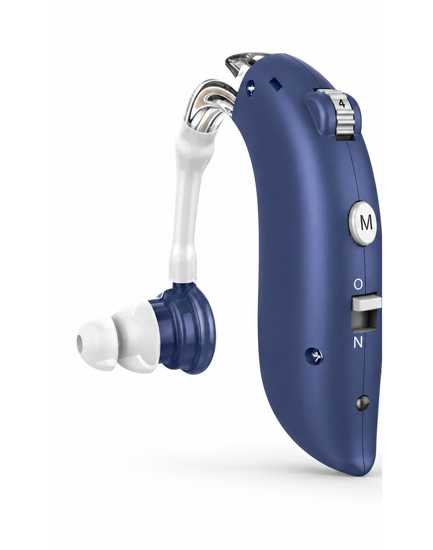 Complete navy G25BT hearing aid showing its volume wheel, M button and O / N switch