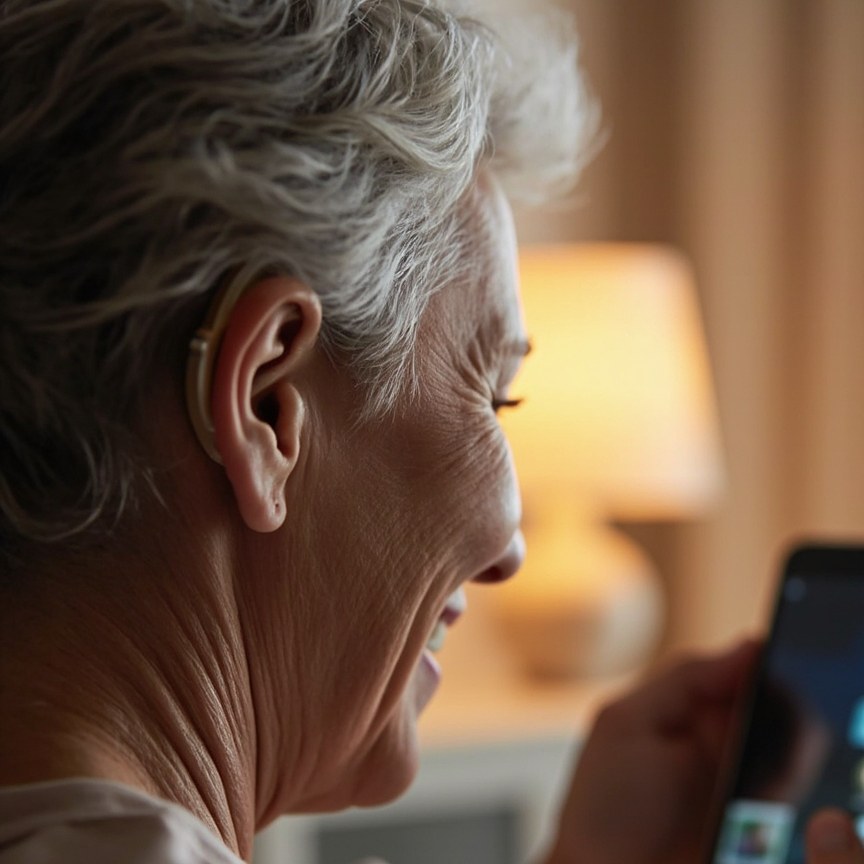 Older woman wearing a beige behind-the-ear hearing device